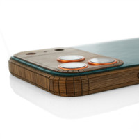 Wood and leather cover for Apple iPhone 17 Pro Max, camera cover detail.