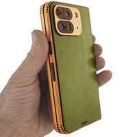 Pixel 9 pro fold leather and wood combo cover by Toast, in green mojito with Maple wood accents. Pixel 9 pro fold leather and wood combo cover by Toast, in green mojito with Maple wood accents.