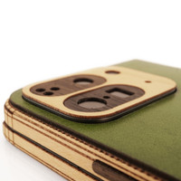 Detail of the camera bump and wood covers over the lenses.  Pick and choose the perfect combination for your Pixel Fold 9 Pro. Detail of the camera bump and wood covers over the lenses.  Pick and choose the perfect combination for your Pixel Fold 9 Pro.