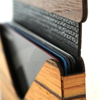 Detail photo of the amazing wood hinge on the Toast wood bonsai wallet.