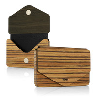 Toast's Bonsai wallet shown here in Zebrawood with ebony wood on the flap.