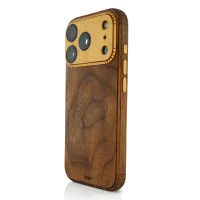 Toast's iPhone 18 Pro wood cover in walnut with maple camera and buttons.