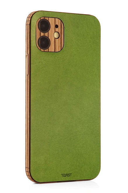 Toast genuine leather cover for Apple iPhone 12 in mojito green with zebrawood side wraps.