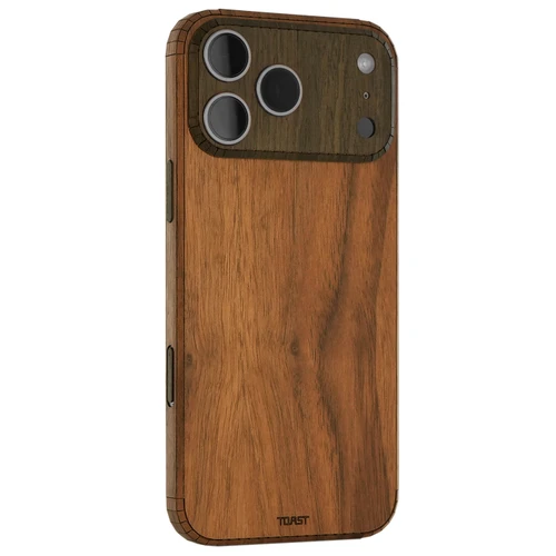 iPhone 17 Pro Max real wood cover by Toast showing walnut wood with ebony camera bump combination.