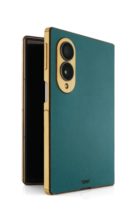 Our teal bluetini leather cover for Fold8 with maple camera and buttons.