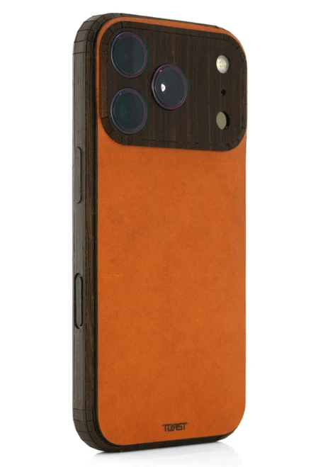 Leather and wood combo cover from iPhone 18 Pro Max by Toast, whiskey tan and black walnut.