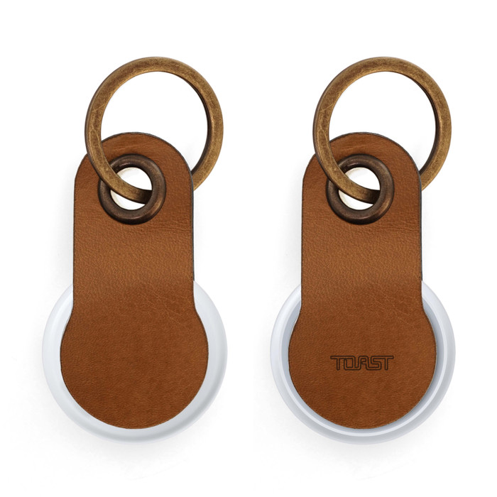 Apple AirTags leather key ring by Toast, in whiskey brown leather with matching bronze rivot and key ring.