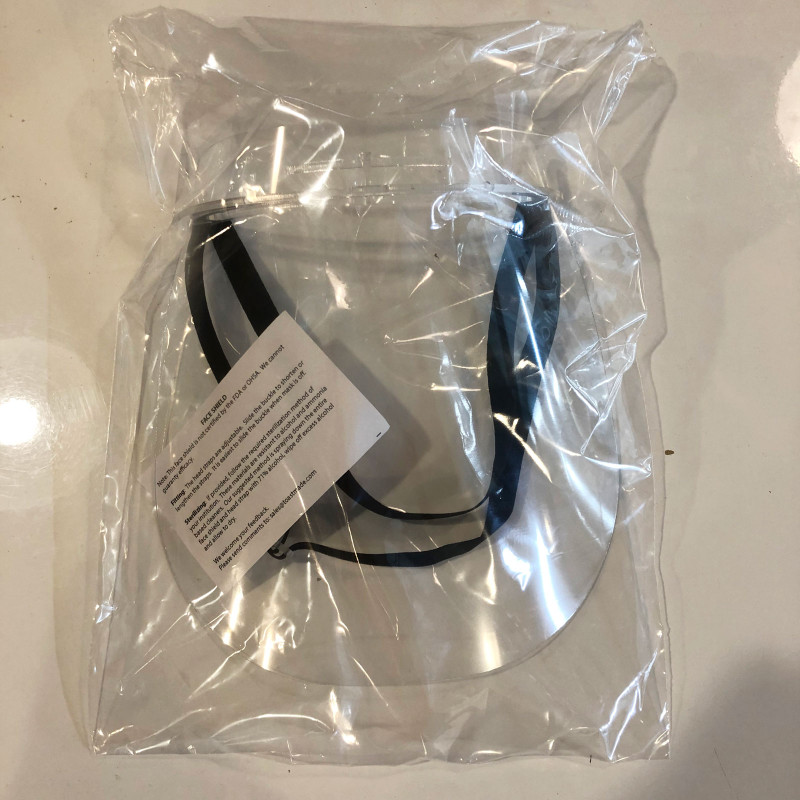 Toast Face Shield packaging.  Cleaned and bagged with individual instruction card.
