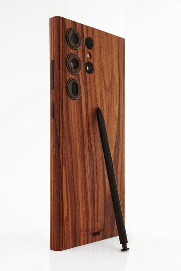 Samsung Galaxy S23 Ultra case with wood finishing and 'CONTRA' logo