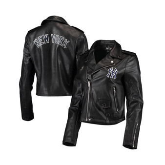 Women's Black New York Yankees Faux Leather Moto Full-Zip Jacket