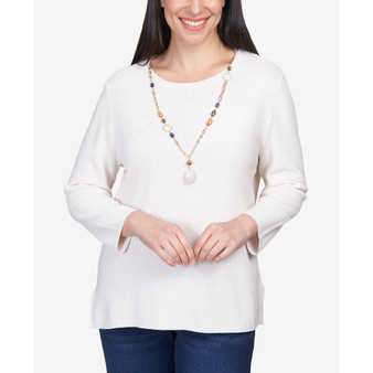 Women's Autumn Weekend Solid Texture Split Hem Sweater with Necklace