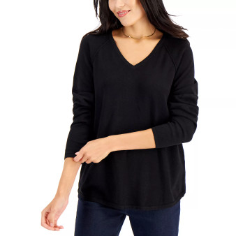 Petite Cotton V-Neck Curved-Hem Pullover Sweater, Created for Macy's