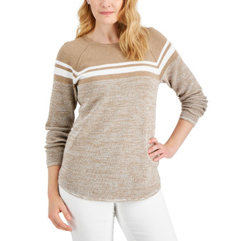 Petite Cotton Curved-Hem Striped Pullover Sweater, Created for Macy's
