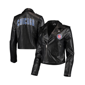 Women's Black Chicago Cubs Faux Leather Moto Full-Zip Jacket