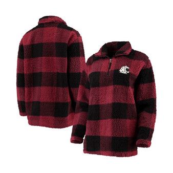 Women's Crimson, Black Washington State Cougars Plaid Sherpa Quarter-Zip Pullover Jacket