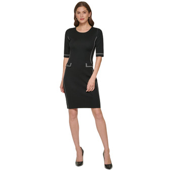 Women's Contrast-Stitched Elbow-Sleeve Sweater Dress