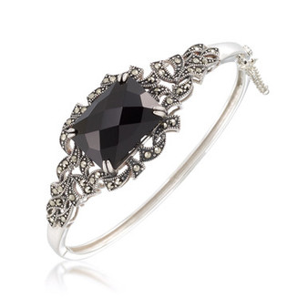 Marcasite and Faceted Onyx Square Bangle in Sterling Silver