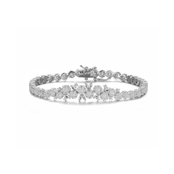 Sterling Silver with Rhodium Plated Clear Round Cubic Zirconia Flower Design Tennis Bracelet