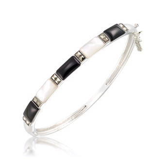 Marcasite and Onyx and Mother Of Pearl Bangle in Sterling Silver
