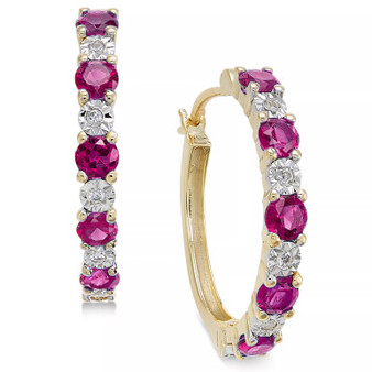 Emerald (3/4 ct. t.w.) and Diamond Accent Hoop Earrings in 14k Gold (Also Sapphire and Ruby)