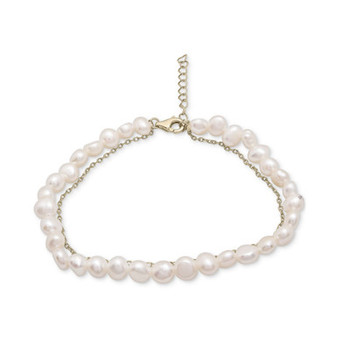 Cultured Freshwater Pearl (4mm) & Chain Link Layered Bracelet in 14k Gold-Plated Sterling Silver