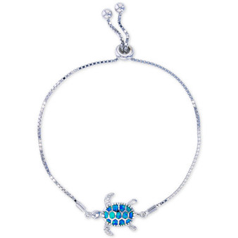 Lab-Created Blue Opal Turtle Bolo Bracelet in Sterling Silver