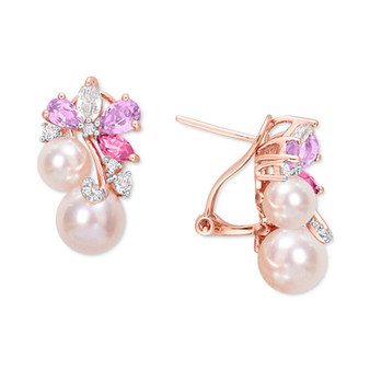 Pink Cultured Freshwater Pearl (6 & 8mm) & Multi-Gemstone (2-3/8 ct. t.w.) Flower Cluster Stud Earrings in 18k Gold-Plated Sterling Silver