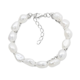 Cultured Freshwater Baroque Pearl (9-10mm) Layered Chain Bracelet in Sterling Silver