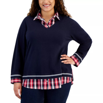 Plus Size Plaid Twofer Cotton Sweater