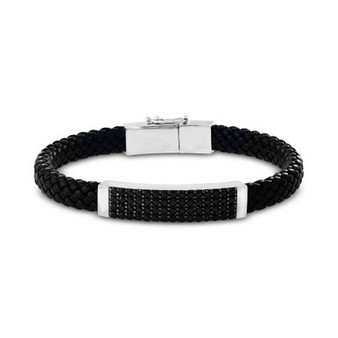 EFFY® Men's Black Spinel Braided Leather Bracelet in Sterling Silver