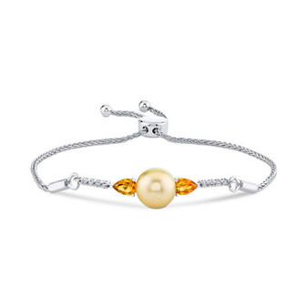Cultured Golden South Sea Pearl (9mm), Citrine (3/4 ct. t.w.) & Diamond (1/8 ct. t.w.)  Bolo Bracelet Set in Sterling Silver