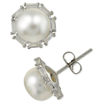 Cultured Freshwater Pearl (8mm) & White Topaz (3/4 ct. t.w.) Stud Earrings in Sterling Silver