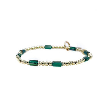 Non-Tarnishing Gold filled, 3mm Gold Ball and Emerald Glass Bead Stretch Bracelet