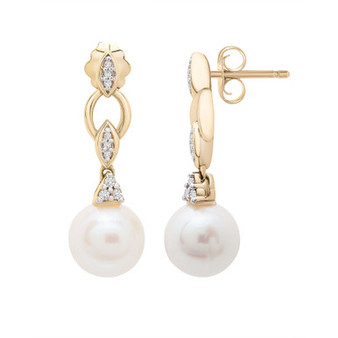 Cultured Freshwater Pearl (7mm) and Diamond Accent Earrings in 14k Yellow Gold