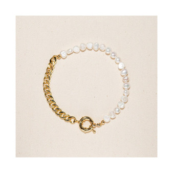 18K Gold Plated Freshwater Pearl with Cuban Chain - Lauren Bracelet 8" For Women and Girls