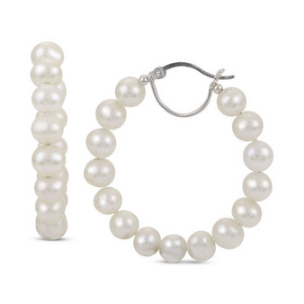 Cultured Freshwater Pearl (5-5-1/2mm) Hoop Earrings in Sterling Silver