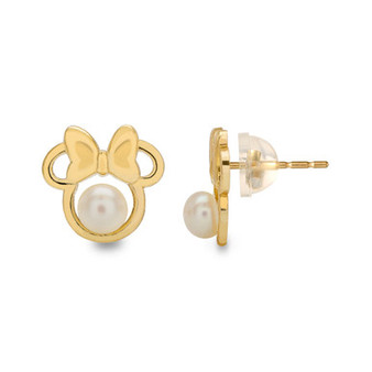 Children's Cultured Freshwater Pearl (4mm) Minnie Mouse Stud Earrings in 14k Gold