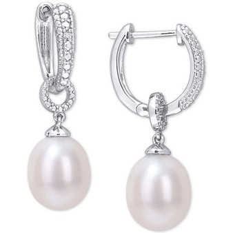 Cultured Freshwater Pearl (8mm) & Diamond Accent Dangle Hoop Drop Earrings in Sterling Silver