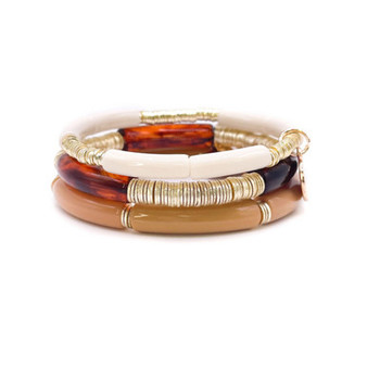 Brushed Gold Disc and Acrylic Stretch Bracelet Stack, 3 Pieces