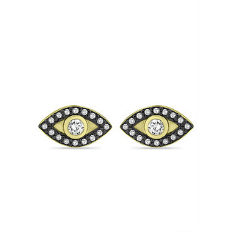 Cubic Zirconia with Black Rhodium Evil Eye Stud Earrings, 18K Gold over Silver