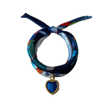 Navy Blue Hand Printed Silk Twill Women's Bracelet Sterling Silver Gold Plated Enamel Love Charm
