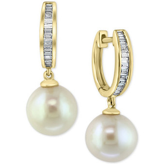 EFFY® Diamond (1/4 ct. t.w.) & Cultured Freshwater Pearl (10mm) Drop Earrings In 14k Gold