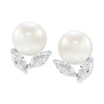 Cultured Freshwater Pearl (8mm) & Cubic Zirconia Stud Earrings in Sterling Silver