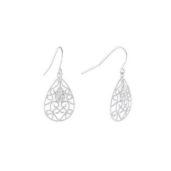 Crystal (0.16 ct.t.w) Filigree Tear Drop Earrings in Sterling Silver