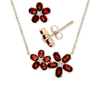 2-Pc. Set Garnet (4-3/4 ct. t.w.) & White Topaz (1/4 ct. t.w.) Flower Pendant Necklace & Matching Stud Earrings in 14k Gold-Plated Sterling Silver