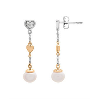 Cultured Freshwater Pearl (6mm) & Diamond (1/10ct. tw.) Heart Earrings in 14K Yellow Gold Over Sterling Silver