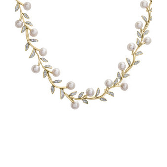 Cultured Freshwater Pearl (5mm) & Diamond (1/2 ct. t.w.) Vine 16" Collar Necklace in 14k Gold-Plated Sterling Silver