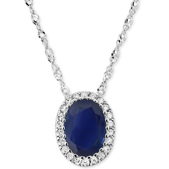 Sapphire (7/8 ct. t.w.) & Diamond (1/20 ct. t.w.) Oval Halo Pendant Necklace in 14k White Gold, 16" + 2" extender