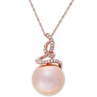 Pink Cultured Ming Pearl (13mm) & Diamond (1/8 ct. t.w.) 18" Pendant Necklace in 14k Rose Gold