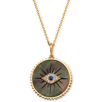 EFFY® Onyx, Blue Sapphire (1/20 ct. t.w.) & Diamond (1/20 ct. t.w.) Evil Eye Disc 18" Pendant Necklace in 14k Gold